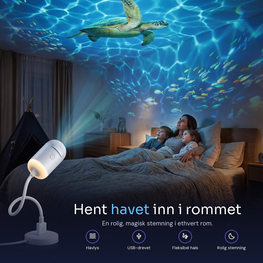 En familie i sengen som ser på en havscene projisert i taket