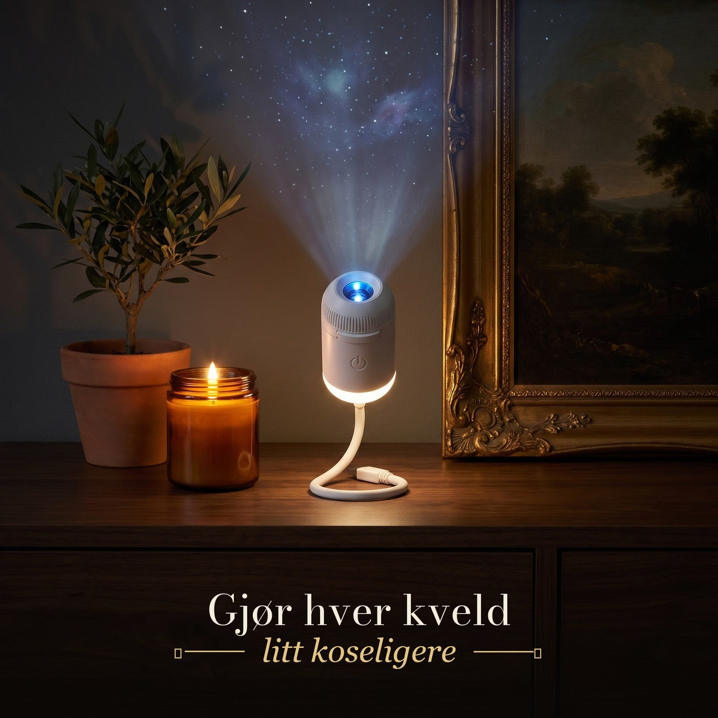 Starly som lyser på en skjenk ved siden av et stearinlys