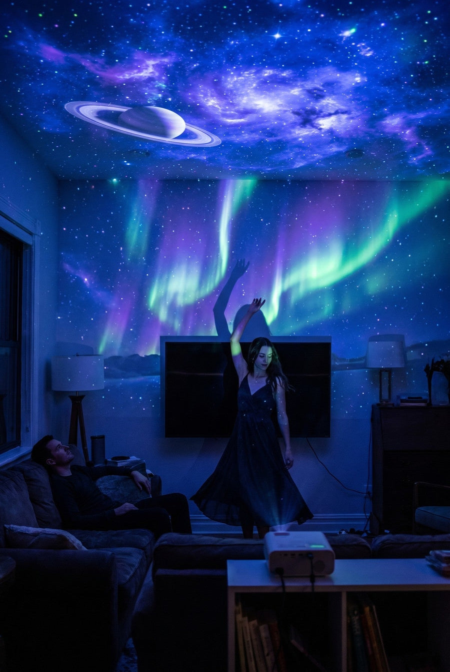 Pimeä olohuone, jonka kattoon on heijastettu galaksi