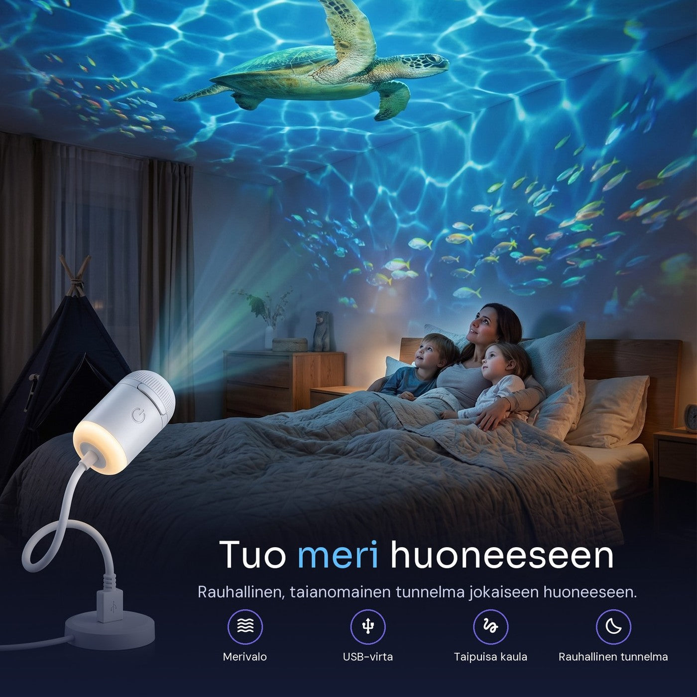 Perhe sängyssä katsomassa kattoon heijastettua merimaisemaa
