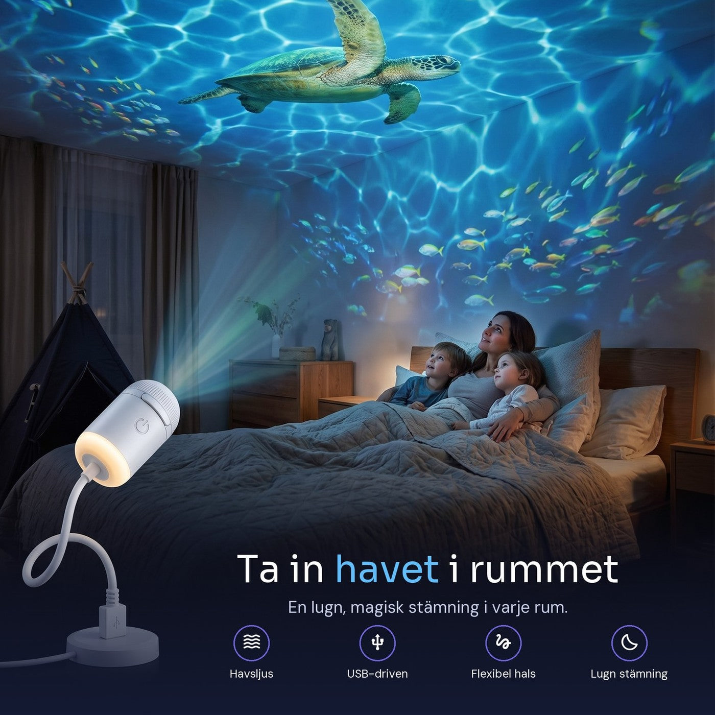 En familj i sängen som tittar på en havsscen projicerad i taket