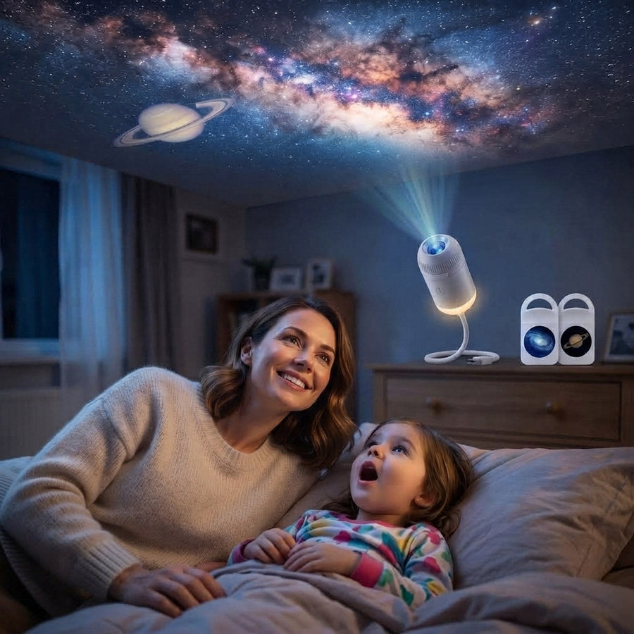 Mamma og barn ser på Melkeveien i soveromstaket