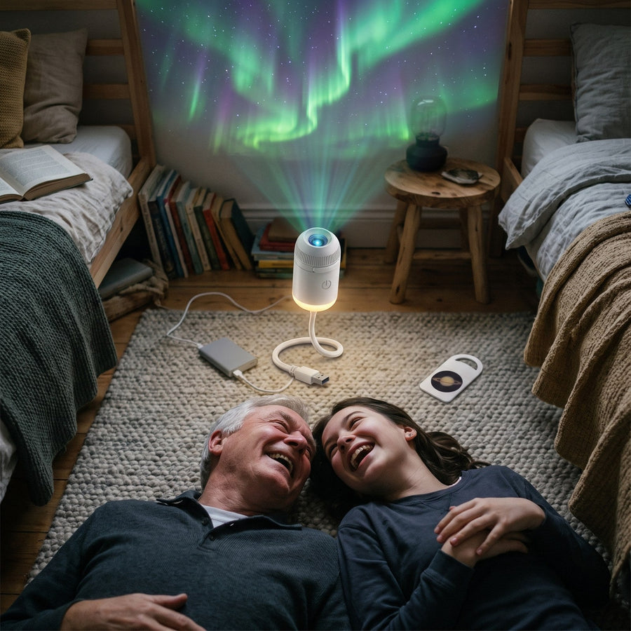 Bedstefar og barnebarn griner under nordlys i loftet